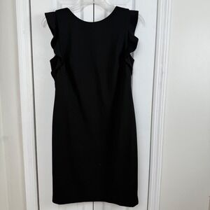 Calvin Klein Black Ruffle Sleeve Sheath Dress Square Back Stretch Crepe LBD